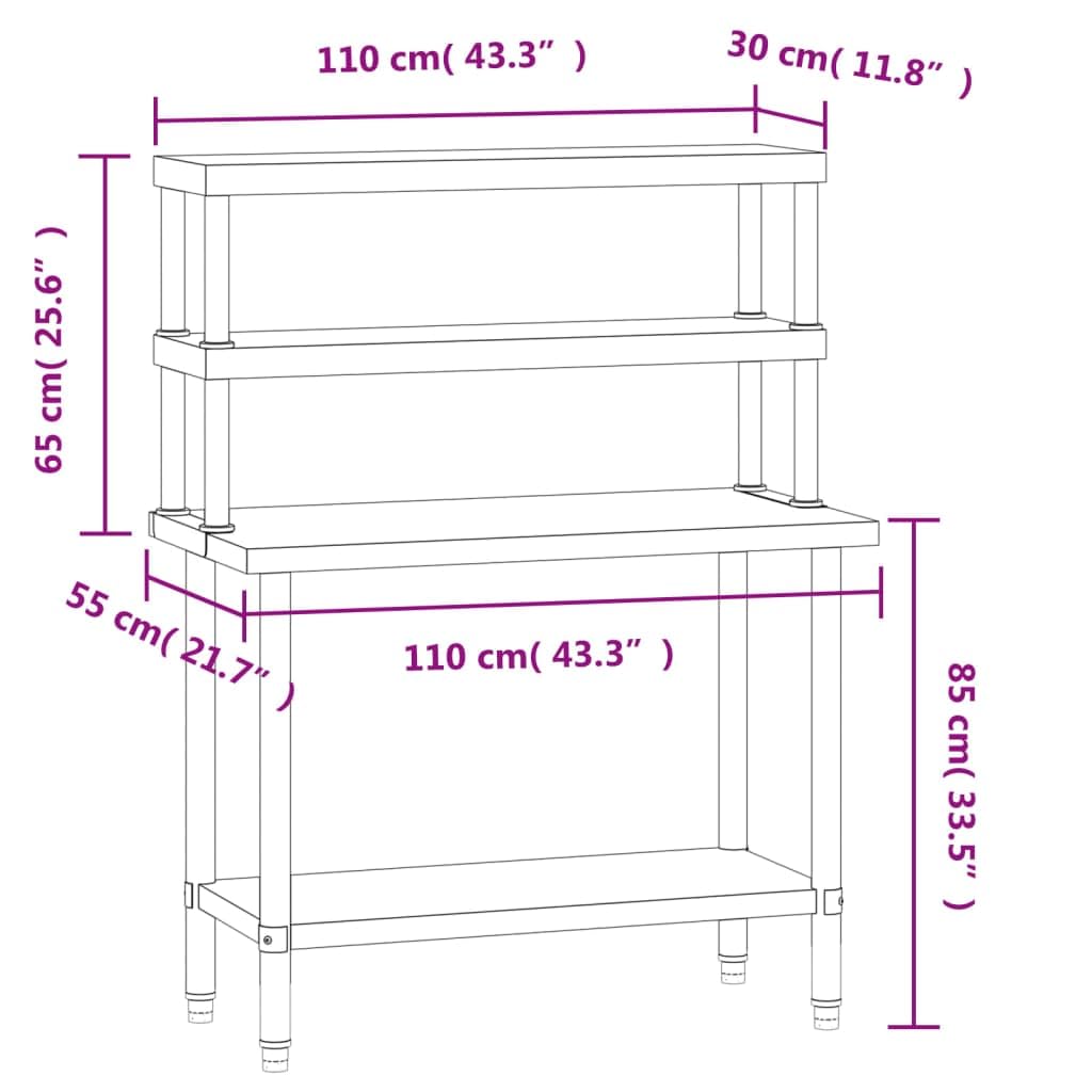 Mesa de trabajo de cocina de acero inoxidable con estante superior, 110 x 55 x 150 cm, mesa de cocina con estante y estante inferior, para cocina, bar, restaurante, catering, preparación