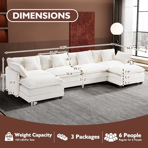 Image of Ihanherry 146 inch U-Shaped Modern Sofa Modular Sectional Cloud Couch with 2 Ottoman, 6-Seat Chenille Deep Seat Sofa with 6 Pillows for Living Room, Bedroom and Apartment, Beige