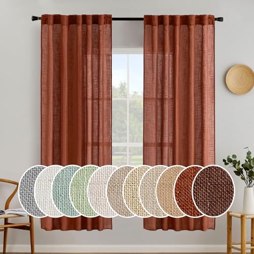 MIULEE Burnt Orange Linen Curtains 72 Inch Length 2 Panels for Bedroom Living Room, Soft Thick Linen Textured Window Drapes Semi Sheer Light Filtering Back Tab Rod Pocket Fall Decor, W37xL72