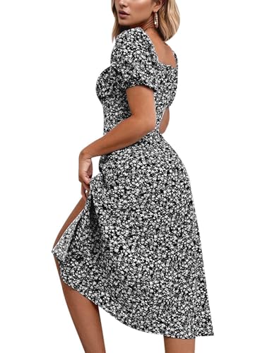 Image of SPRIME Women's Floral Summer Casual Dress Square Neck Puff Sleeve Boho Midi Dresses Ruched Bust High Waist Split Long Dress
