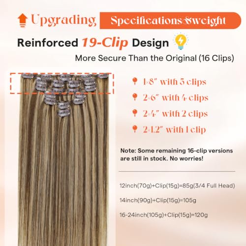 Image of Sunny Hair Clip in Hair Extensions Real Human Hair Brown Highlight 16 Inch | Human Hair Clip in Extensions, Natural Volume and Balanced Shape with Soft Movement for Photo Day with a Polished Look 120g