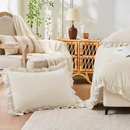Image of FUANNA Full Size Comforter Sets Cream White, 3 Pieces Ruffle Full Size Bedding Sets, Fluffy Bed in a Bag Full for All Seasons, Shabby Chic Full Bed Set with 1 Lightweight Comforter & 2 Pillowshams