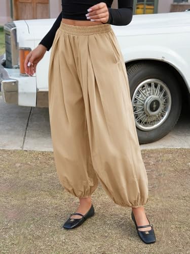 Image of Fisoew Womens Wide Leg Balloon Pants Casual Barrel Elastic Waist Pleated Baggy Workout Sweat Pants with Pockets