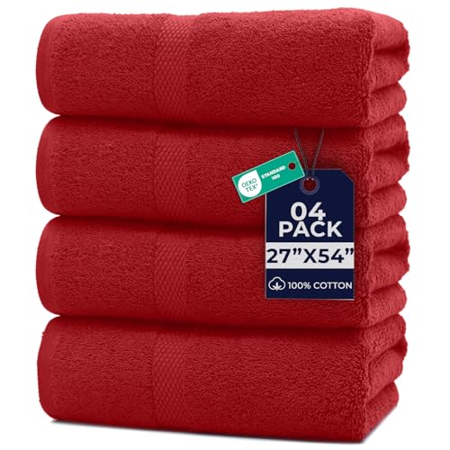 Image of DAN RIVER Bath Towels Set of 4, 27 x 54 Inches, 100% Cotton, Larger & Lighter Weight, Quicker to Dry, Super Soft and Absorbent, Ideal Absorbent Bath Towels for Daily Use, Red