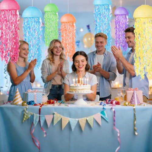 Image of Jellyfish Paper Lanterns 6 Pacs Under The Sea Party Decorations Mermaid Party Baby Shower Decorations Blue Hanging Jelly Fish for Ocean Spongebob Birthday Party Decorations (Neon)