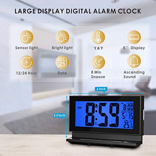 Auto-Night Light Clock - Plumeet Digital Alarm Clock Large LCD Display with Low High Dimmer Backlight - Temperature - Calendar - Ascending Sound and Snooze Function - Battery Operated Only (Blue)