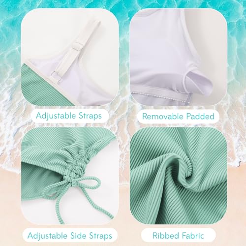 Image of Weixinbuy Girls Swimsuit Ribbed Bathing Suit for Girls Adjustable Strap Color Block Summer Beach One Piece Swimsuit