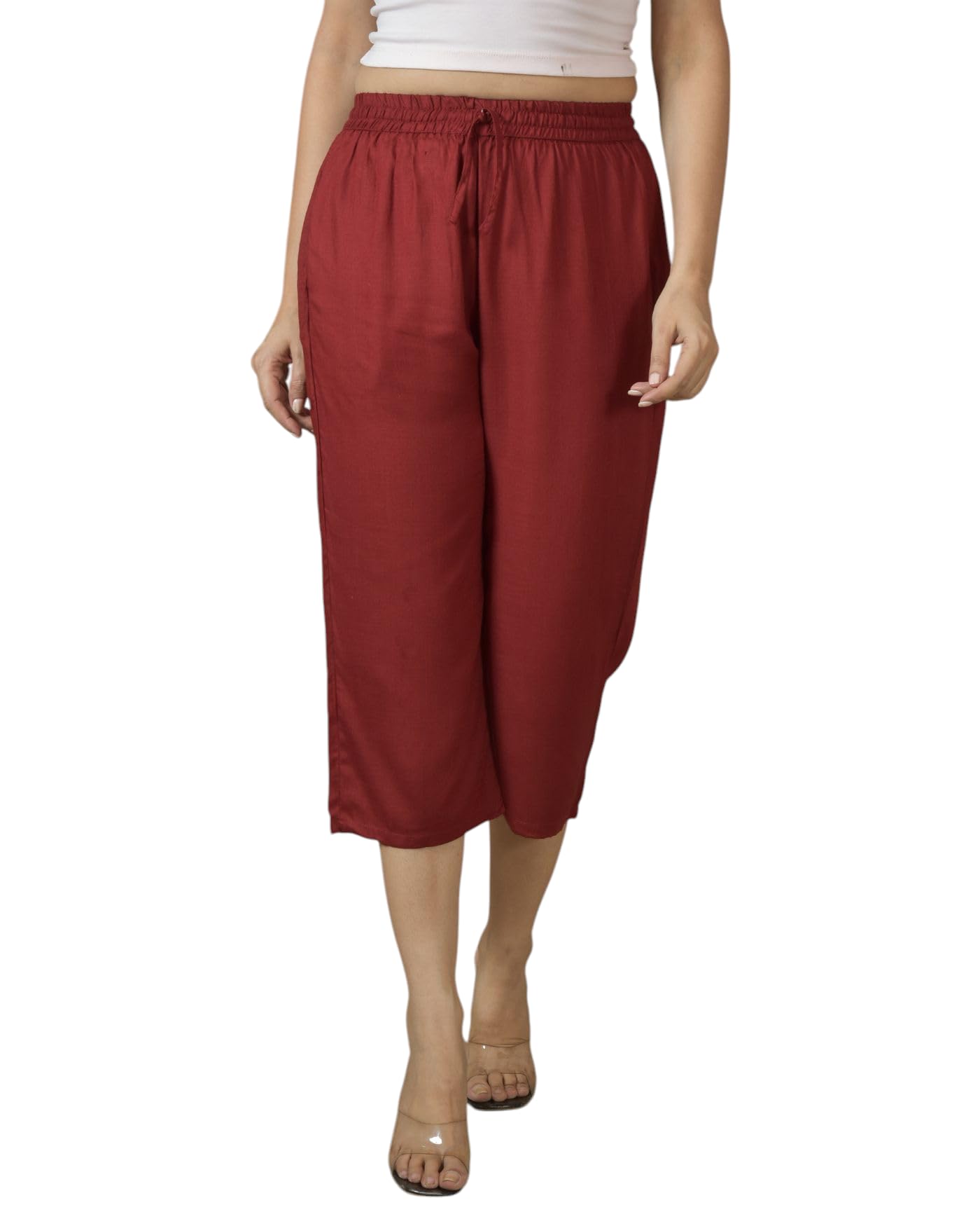 Women?s Rayon Solid Culottes, Partially Elasticated with Drawstring, Stylish with 2 Side Cross Pockets-image-15
