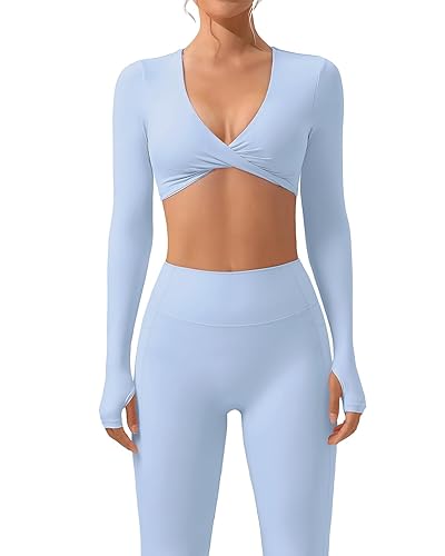 SUUKSESS Women 2 Piece Workout Sets Long Sleeve Twist Deep V Crop Padded Tops Yoga Leggings with Side Pockets - X-Small - Baby Blue