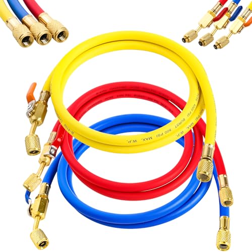 2025 Upgrade 29985 Plus II 1/4" HVAC Hose with Ball Valve，Standard 1/4" Flare Fittings，for R410A & All Refrigerants，800 PSI ，60"，Multicolor Pack (3-Pack)