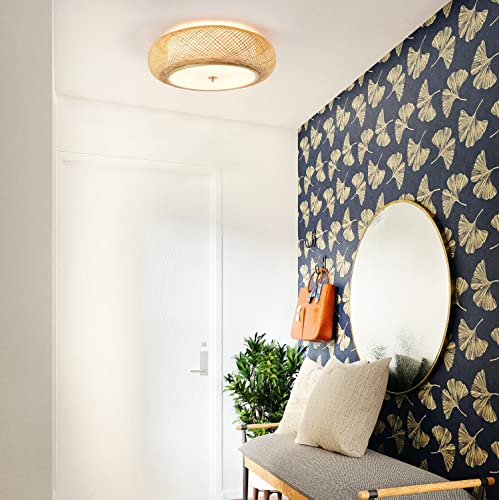 Bamboo Flush Mount Ceiling Light Handwoven Rattan Light Fixture, 3 Lights Boho Ceiling Lamp for Bedroom, Entryway, Foyer (15-inch)