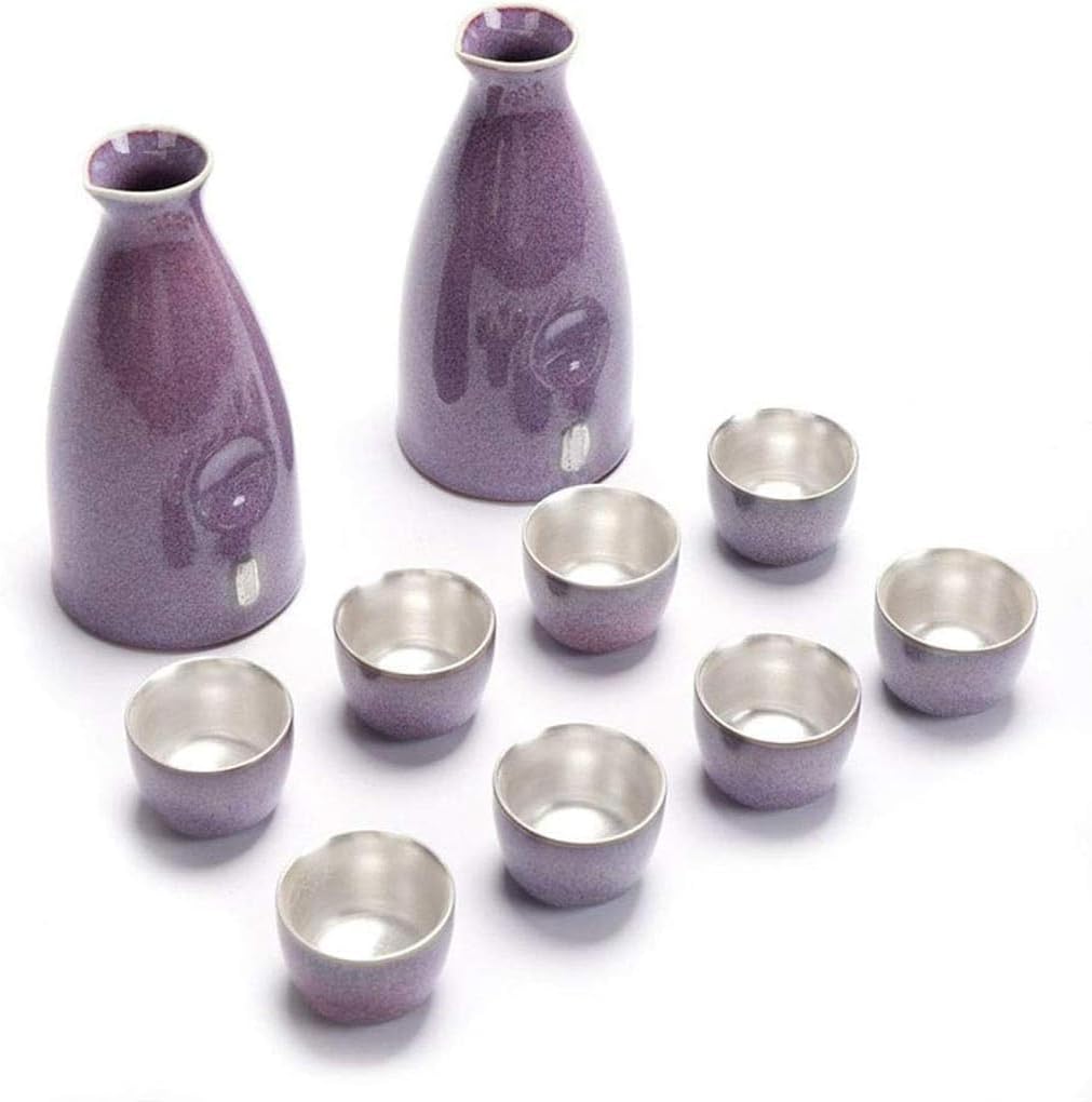 10 Piece Ceramic Gilt Silver Wine Set Include Wine Bottle and Wine Glass Suitable for Wine Sake and Tea Blue