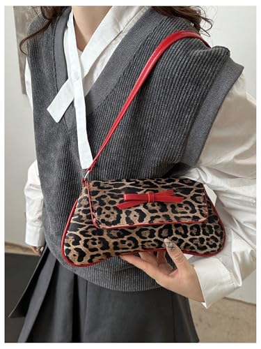 Women's Y2K Leopard Flap Shoulder Handbags Contrast Binding Bowknot Underarm Bag Purse3