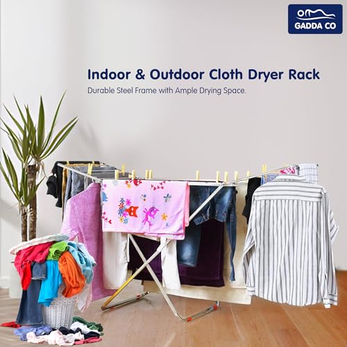 Image of GADDA CO Stainless Steel Foldable Clothes Drying Stand | Double Rack Steel Cloth Dryer Stand for Home & Balcony (Cross Design - 120 x 54 cm)