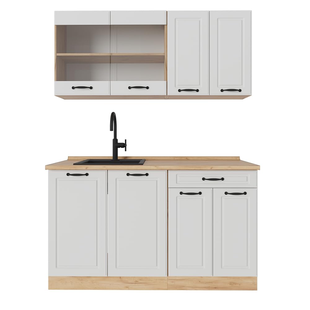 Vicco Cucina completa R-Line, Casa di campagna bianca/Rovere dorato, 140 cm senza piano di lavoro, adatto per installazione autoportante o vicino alla parete