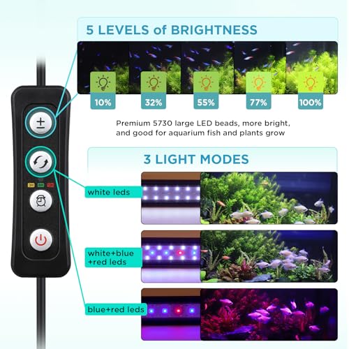 hygger 32W Aquarium LED Beleuchtung, Aquarium LED Lampe mit Timer, dimmbare, LED Aquarium Licht mit Verstellbarer Halterung für 111cm-137cm Aquarium Fisch Tank Fisch Pflanze(Weiß & Blau & Rot Licht) – Bild 5
