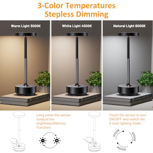 SAKRINGT 2 Pack Rechargeable Cordless Table Lamp - Battery Operated LED Portable Table Light with 3 Color Stepless Dimming, Memory Function - IP54 Waterproof for Outdoor, Restaurant, Patio, Camping