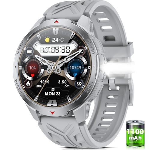 Smartwatch Uomo - 1100mAh/30 Giorni Batteria Lunga Durata, 1,7'' Orologio Smartwatch Militare con Torcia/Bussola/Impermeabile 3ATM/Cardiofrequenzimetro/SpO2/Sonno per Android iOS, Grigio Argento