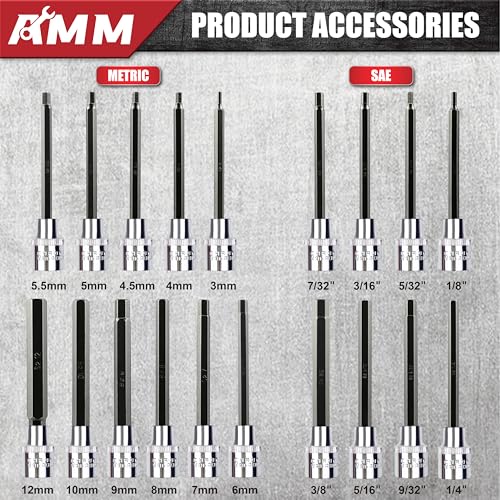Image of AMM 3 /8 Inch Drive Extra Long allen hex bit socket set,19-Piece Standard SAE & Metric Allen socket set, S2 Alloy steel, Automobile repair tools (Pack of 2)