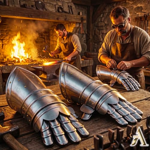 Image of AnNafi Armor Gauntlets Steel Gloves w Brass Accents Armor Pair, Medieval Knight Costume, Warrior Metal Gauntlet (STYLE 3)