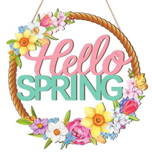 Wooden Spring Decoration Door Wreath for Front Door Sign Wall Signs Hollow Flower Wreath Sign Hello Spring Welcome Hanging for Home Wall Decor Party Outdoor indoor Supply Easter Decoration