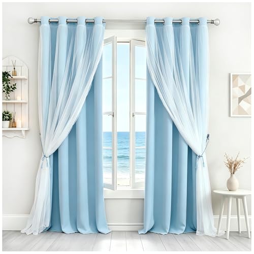 Image of Blackout and Sheer Curtains Set- Mix & Match Window Treatments Light Blocking Drapes 2 Layers Decor with Tie-Backs for Kids /Girl's Bedroom, Living Room, 52 by 96 in, Light Blue, 2 PCS