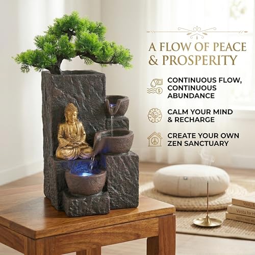Image of Buddha Water Fountain Indoor Home Decor 1.5 Foot Artificial Plants with Pot & Indoor Plant Pot Planters for Home Decor Good Luck Vastu Desk Decor Items Showpieces for Living Room Office Table Gift