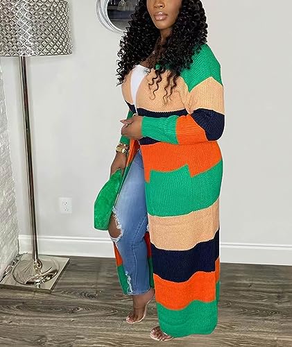 Image of SOMTHRON Women's Fall Cardigan Sweater Open Front Color Block Striped Knit Long Draped Coat Duster Outerwear