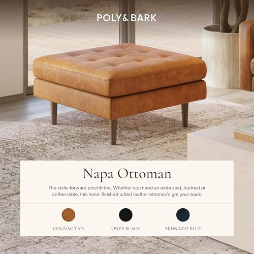 Image of Poly & BARK Napa Ottoman - Full-Grain Leather Upholstered Ottoman with Feather-Down Topper - Couch for Living Room - Vintage Italian Leather in Cognac Tan