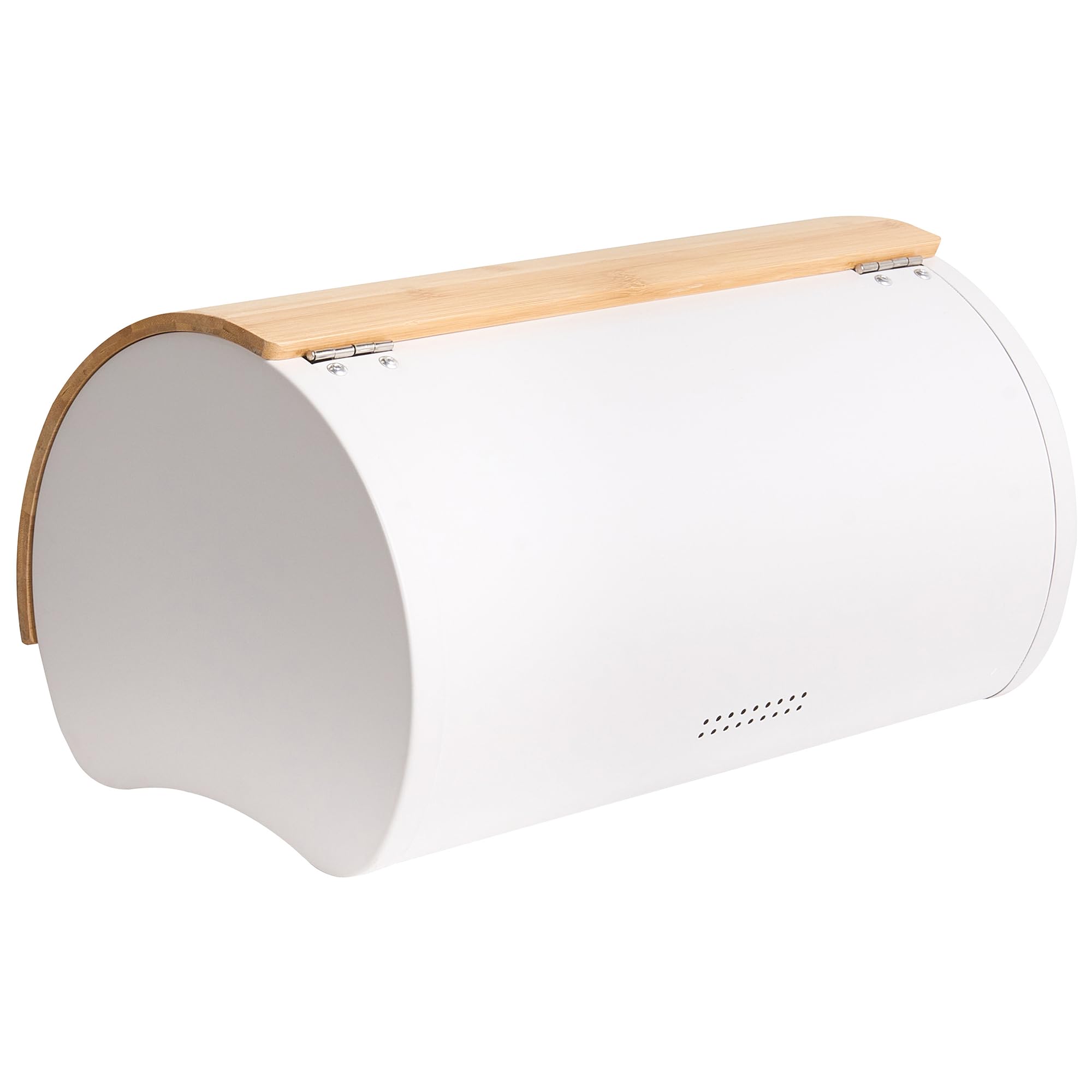 Beliani Brotkasten Eisen weiß/hellbraun mit Bambus-Klappdeckel halbrund 38 x 24 x 20 cm modern Saveur