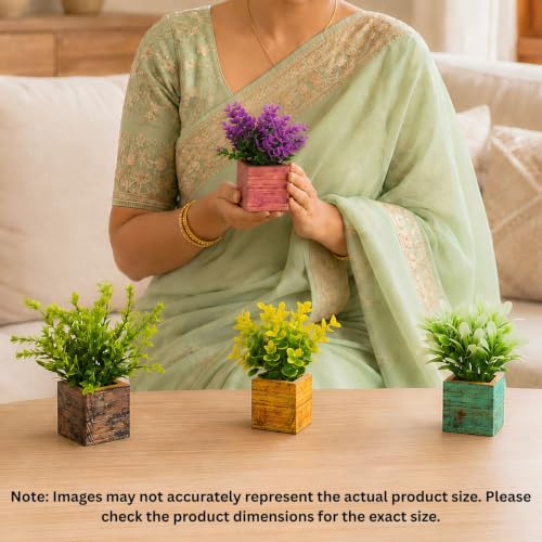 Image of fancymart Artificial Decorative Eucalyptus Plants with Colourful Small Wooden Pots, 14 cm Height for Indoor Home, Office, Table and Shelf Decoration, Pack of 4