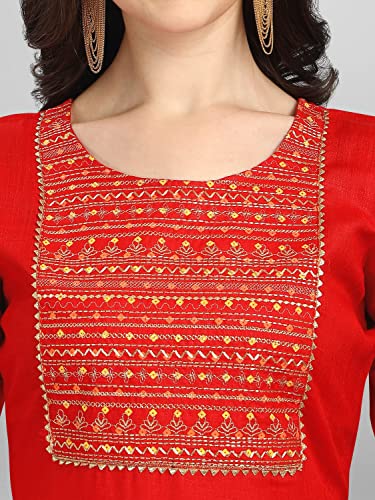 Image of VredeVogel Women Cotton Slub Straight Kurta Set With Pant and Net Embroidery Dupatta