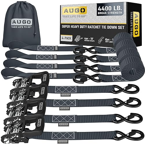 Image of AUGO Heavy Duty Ratchet Straps & Soft Loops - Pack of 4 Extra Strong 1.5 inch by 10' Ratchet Straps w /S-Hook Safety Latches & 4 Soft Loop Tie Downs - 4400Lb Break Strength for Motorcycles, ATVs, Etc.