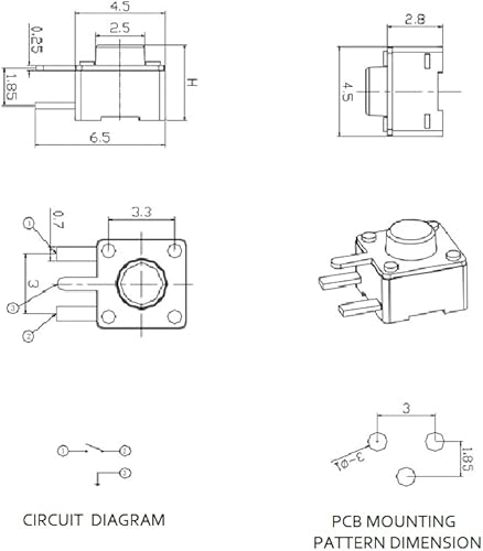 Miniatura 2 de Interruptor táctil de 0.177 x 0.177 x 0.150 in, 3 pines, interruptor de botón pulsador, actuador lateral, orificio pasante, interruptor micro táctil