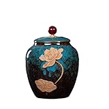 QDMHA 300ml Lotus Porcelain Tea Canisters, Air Tight Ceramic Coffee Sugar Storage Jars, Chinese Style Kitchen Decor for Food, Nuts and Spices (Blue kiln-Transmutation Glaze, W:9.2 * H:12cm)