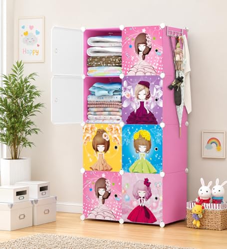 Image of 8 Door Kids Cartoon Wardrobe Storage Cabinet - DIY Modular Clothes Organizer with Hanging Cartoon Design Wardrobe with Multi for Bedroom, Living Room,Entryway (Pink, 8-Door)