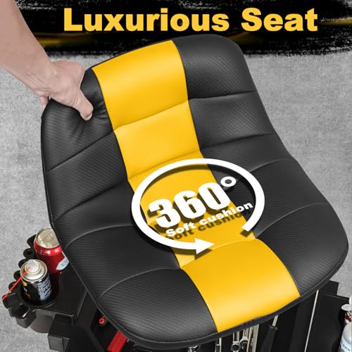 Image of Rolling Stool with Wheels, Adjustable Height Pneumatic Garage Work Mechanic Stool Seat with Backrest, 400 LBS Capacity 360 Swivel Mechanic Crepper Chair with Tool Tray Storage, Yellow