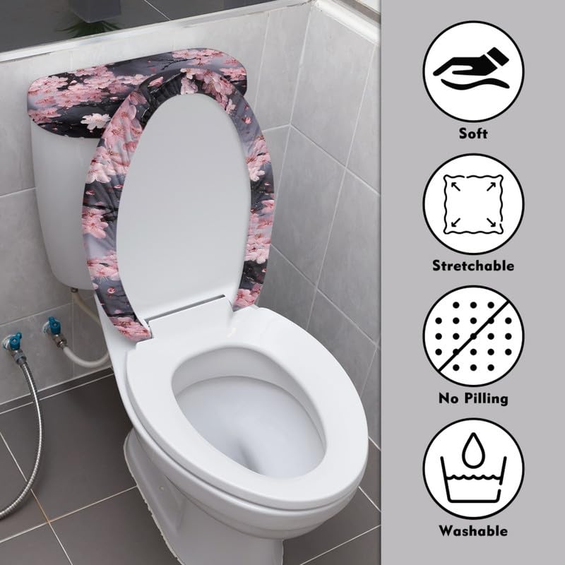 Daulesho Pink Cherry Blossoms Toilet Lid Tank Cover Set of 2 Watercolor Japanese Cherry Blossoms Bathroom Soft Toilet Lid Dust Cover Chinese Peach Flower with Elastic Edge Decor