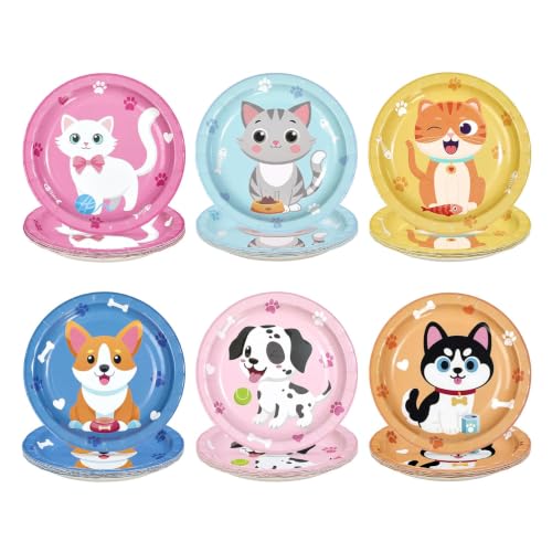 Image of 60Pcs Cat Dog Paper Plate 7 inch Kitten Puppy Heavy Duty Paper Plates | Cute Paw Pet Animal Disposable Dessert Cake Platters for Kids Cat Dog Birthday Baby Shower Party Supplies Decorations