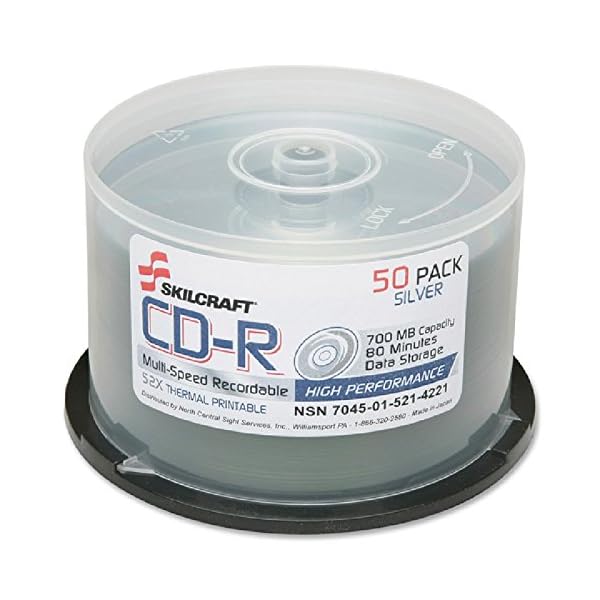SKILCRAFT Recordable CD, 700 MB, 52 x .80 min Kappe, 50/PK, Spindel/Silber