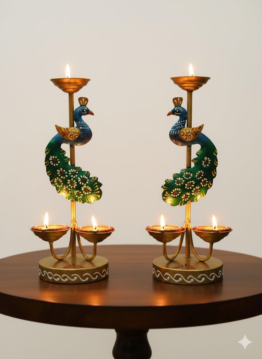 Decorative Metal Peacock Diya Stand, Oil Lamp and Tealight Holder, 9 Inch, Set of 2, for Pooja Room and Diwali Decor-image-16