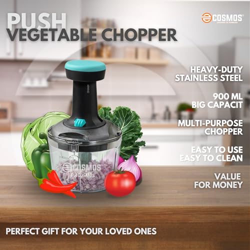 Image of E-COSMOS Manual Food Chopper, 900ml Hand-Press Vegetable Cutter & Mixer with 4 Stainless Steel Blades, Ideal for Onions, Salads, and Potatoes, Ocean Blue (Ocean Blue)