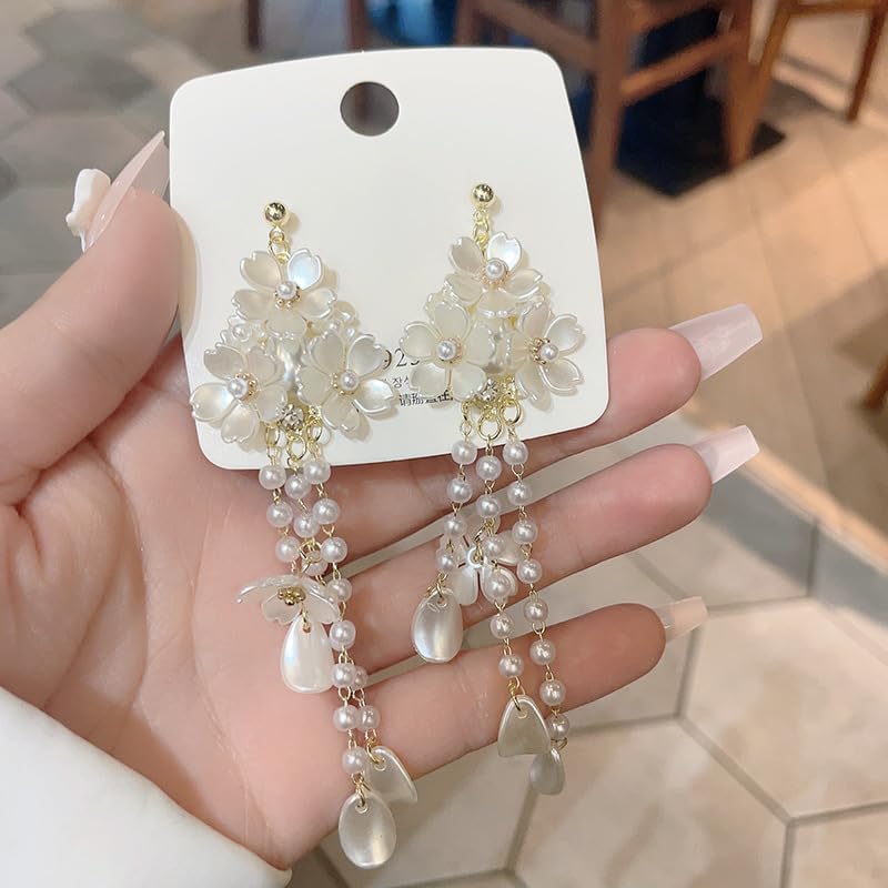 White Flower Pearl Earrings for Women Acrylic Tassel Flower Floral Dangle Drop Long Earrings for Women - Image 6