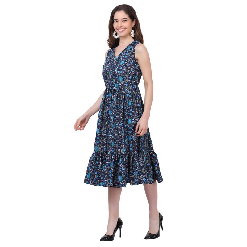 Image of Women's Crepe A-Line Knee Length Dress | Western Sleeveless Dress for Girls | Flared Frock | Frill Midi | Knee Gown