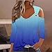 3/4 Length Sleeve Cold Shoulder Womens Tops Dressy Casual V Neck Gradient Color Block Eyelet Shirts Blouse for Summer Dark Blue