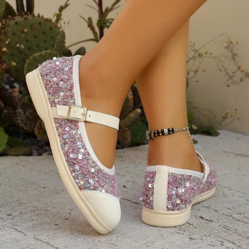 Pink Sequin Ballet Flats – Glamorous Women’s Shoes with White Leather Toe Cap & Buckle Strap – Sweet & Stylish for Dating, Parties & Daily Wear2