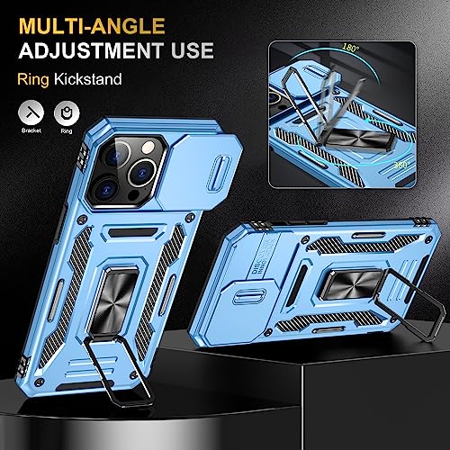 Image of Polycarbonate Slide Camera Cover with Ring Holder Mobile Phone Back Cover for iPhone 15 Pro (Blue)