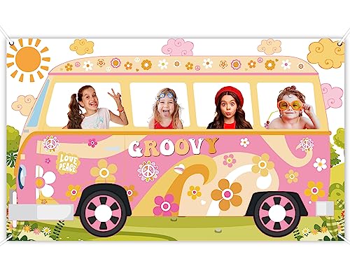 Consejos para Comprar Foto prop para fiestas y cumpleaños para comprar online. 43 ZOIIWA Hippie camión Foto Prop Groovy Party Prop selfie, telón de fondo, pancarta suministros retro Daisy 60 años 70 recuerdos de fiesta de 65.8 x 35.4 pulgadas, Blanco, HX0249
