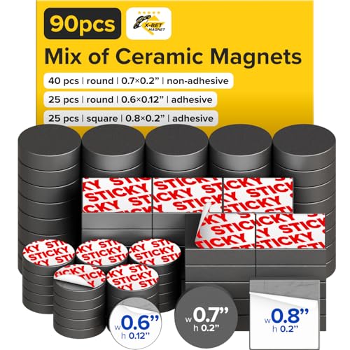 Image of Strong Ceramic Round and Square Magnets with Adhesive Backing (3 Sizes Mix, 90 pcs) - Heavy Duty Sticky Magnets, Non-Corrosive, Versatile for Home, Office, Workshop, Whiteboard, Fridge and Hobby Use