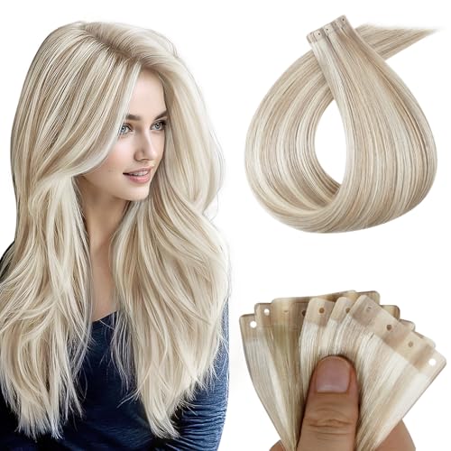 Image of Full Shine Holed Human Hair Tape in Extensions 18P613 Ash Blonde Highlight Blonde 20Pcs 30G Invisible Seamless 12Inch Skin Weft Tape Extensions Human Hair for Women Wedding Soft Remy Hair Extensions